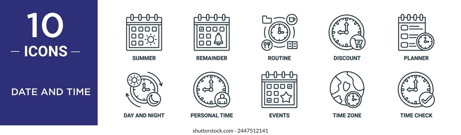 date and time outline icon set includes thin line summer, remainder, routine, discount, planner, day and night, personal time icons for report, presentation, diagram, web design