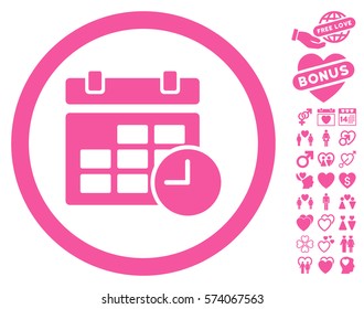 Date And Time pictograph with bonus amour pictograms. Vector illustration style is flat rounded iconic pink symbols on white background.