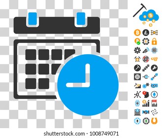 Date And Time pictograph with bonus bitcoin mining and blockchain images. Vector illustration style is flat iconic symbols. Designed for blockchain software.
