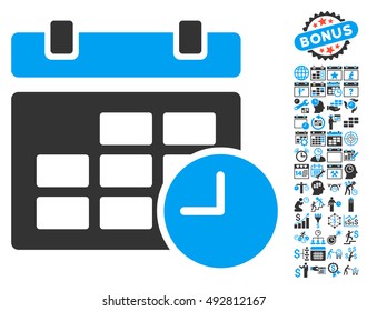 Date and Time pictograph with bonus calendar and time management pictogram. Vector illustration style is flat iconic bicolor symbols, blue and gray colors, white background.