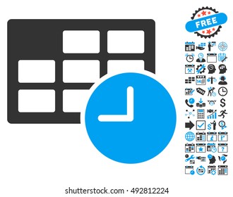 Date and Time pictograph with bonus calendar and time management icon set. Vector illustration style is flat iconic bicolor symbols, blue and gray colors, white background.
