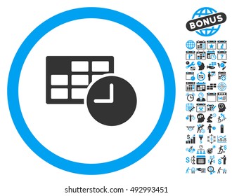 Date and Time pictograph with bonus calendar and time management pictures. Vector illustration style is flat iconic bicolor symbols, blue and gray colors, white background.