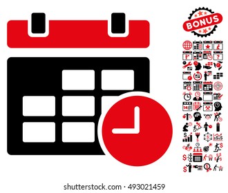 Date and Time pictograph with bonus calendar and time management pictograph collection. Vector illustration style is flat iconic bicolor symbols, intensive red and black colors, white background.