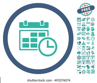 Date and Time pictograph with bonus calendar and time management pictogram. Vector illustration style is flat iconic bicolor symbols, cobalt and cyan colors, white background.