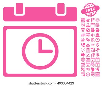 Date Time pictograph with bonus calendar and time management images. Vector illustration style is flat iconic symbols, pink color, white background.