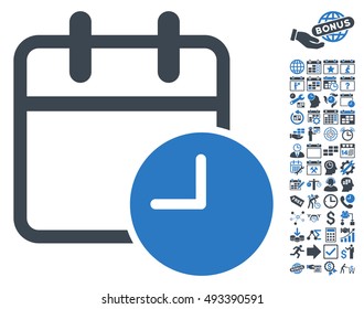 Date Time pictograph with bonus calendar and time management images. Vector illustration style is flat iconic bicolor symbols, smooth blue colors, white background.
