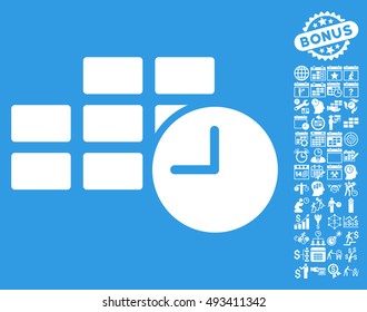Date Time pictograph with bonus calendar and time management design elements. Vector illustration style is flat iconic symbols, white color, blue background.