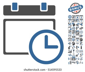 Date and Time pictograph with bonus calendar and time management graphic icons. Vector illustration style is flat iconic bicolor symbols, cobalt and gray colors, white background.