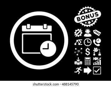 Date and Time pictograph with bonus clip art. Vector illustration style is flat iconic symbols, white color, black background.