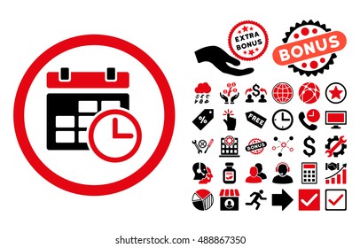 Date and Time pictograph with bonus pictograph collection. Vector illustration style is flat iconic bicolor symbols, intensive red and black colors, white background.