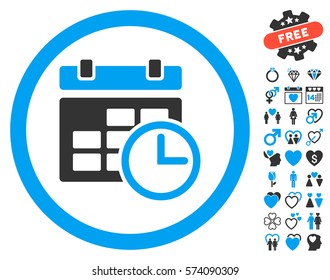 Date And Time pictograph with bonus decoration design elements. Vector illustration style is flat rounded iconic blue and gray symbols on white background.