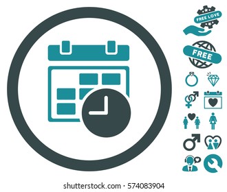 Date And Time pictograph with bonus decorative pictograms. Vector illustration style is flat rounded iconic soft blue symbols on white background.
