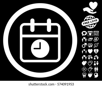 Date And Time pictograph with bonus decorative graphic icons. Vector illustration style is flat rounded iconic white symbols on black background.