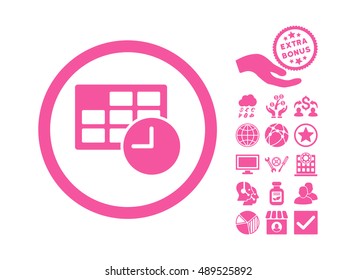 Date and Time pictograph with bonus design elements. Vector illustration style is flat iconic symbols, pink color, white background.