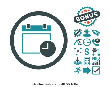 Date and Time pictograph with bonus elements. Vector illustration style is flat iconic bicolor symbols, soft blue colors, white background.