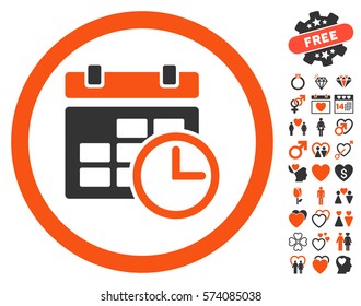 Date And Time pictograph with bonus marriage pictograms. Vector illustration style is flat rounded iconic orange and gray symbols on white background.