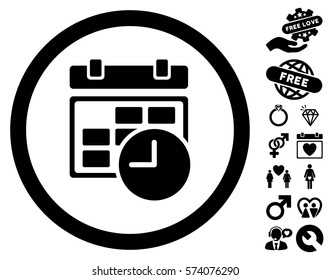 Date And Time pictograph with bonus romantic clip art. Vector illustration style is flat rounded iconic black symbols on white background.