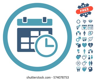 Date And Time pictograph with bonus romantic symbols. Vector illustration style is flat rounded iconic cyan and blue symbols on white background.