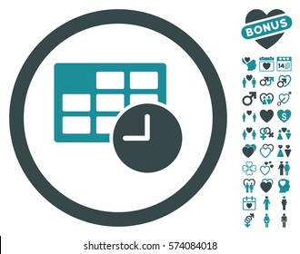 Date And Time pictograph with bonus romantic design elements. Vector illustration style is flat rounded iconic soft blue symbols on white background.