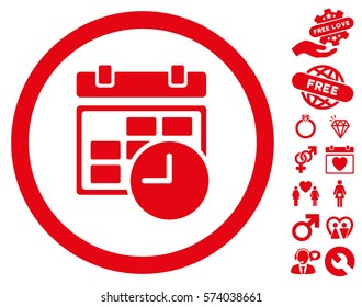 Date And Time pictograph with bonus valentine design elements. Vector illustration style is flat rounded iconic red symbols on white background.