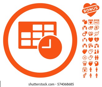 Date And Time pictograph with bonus valentine pictograph collection. Vector illustration style is flat rounded iconic orange symbols on white background.