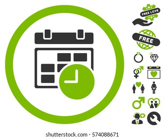 Date And Time pictograph with bonus valentine pictures. Vector illustration style is flat rounded iconic eco green and gray symbols on white background.