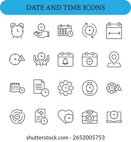 Date And Time related icon set. Containing day, alarm, date, hourglass, time, calendar, countdown and more. Minimalist icons collection. Clock modern icon set. 