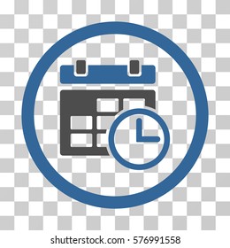 Date And Time rounded icon. Vector bicolor illustration style is a flat iconic symbol inside a circle, cobalt and gray colors, transparent background. Designed for web and software interfaces.