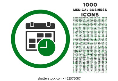 Date and Time rounded vector bicolor icon with 1000 medical business icons. Set style is flat pictograms, green and gray colors, white background.