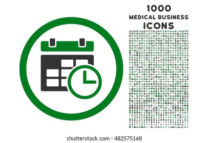 Date and Time rounded vector bicolor icon with 1000 medical business icons. Set style is flat pictograms, green and gray colors, white background.