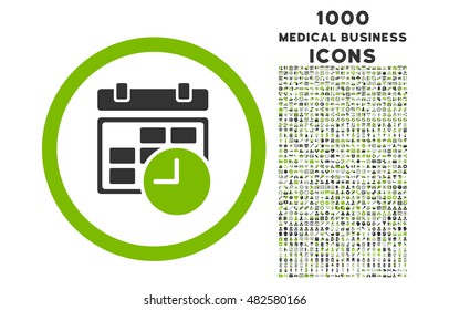 Date and Time rounded vector bicolor icon with 1000 medical business icons. Set style is flat pictograms, eco green and gray colors, white background.
