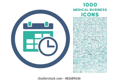 Date and Time rounded vector bicolor icon with 1000 medical business icons. Set style is flat pictograms, cobalt and cyan colors, white background.