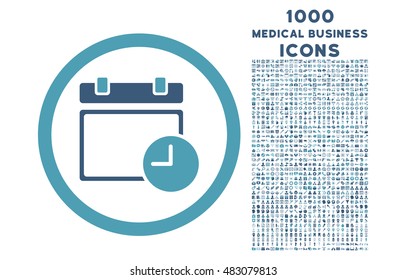Date and Time rounded vector bicolor icon with 1000 medical business icons. Set style is flat pictograms, cyan and blue colors, white background.