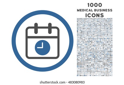 Date and Time rounded vector bicolor icon with 1000 medical business icons. Set style is flat pictograms, cobalt and gray colors, white background.