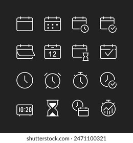 Fecha, hora, iconos de programación, líneas blancas sobre fondo negro. Calendarios, relojes, alarmas, temporizadores. Planificación de agenda, recordatorios, plazos. Herramientas de gestión de tiempo. Espesor de línea personalizable.