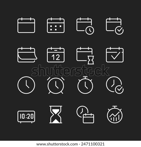 Date, time, scheduling icons, white lines on black background. Calendars, clocks, alarms, timers. Agenda planning, reminders, deadlines. Time management tools. Customizable line thickness.
