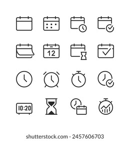 Date and Time, Scheduling linear style icon set. Calendars, clocks, alarms and timers. Agenda planning, reminders and deadlines. Organization and time management tools. Editable stroke width