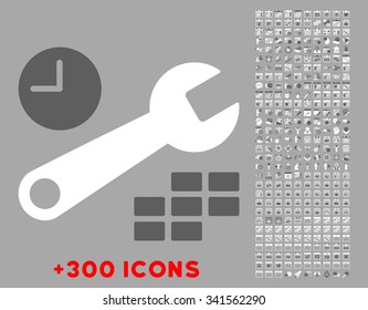 Date And Time Settings vector icon with additional 300 date and time management pictograms. Style is bicolor flat symbols, dark gray and white colors, rounded angles, silver background.