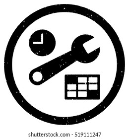 Date and Time Setup grainy textured icon inside circle for overlay watermark stamps. Flat symbol with unclean texture.