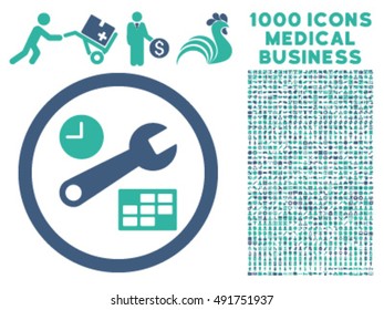 Date and Time Setup icon with 1000 medical business cobalt and cyan vector pictograms. Design style is flat bicolor symbols, white background.