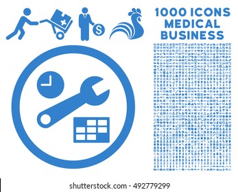 Date and Time Setup icon with 1000 medical commerce cobalt vector pictographs. Collection style is flat symbols, white background.