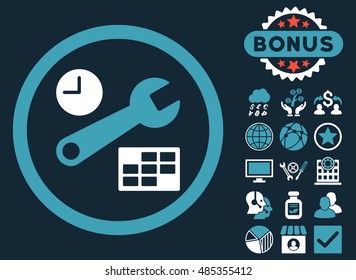 Date and Time Setup icon with bonus pictures. Vector illustration style is flat iconic bicolor symbols, blue and white colors, dark blue background.
