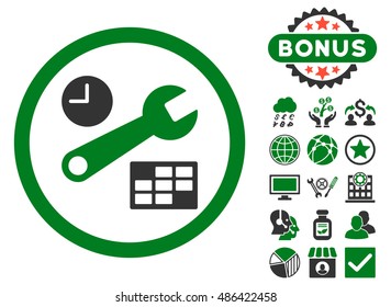 Date and Time Setup icon with bonus pictures. Vector illustration style is flat iconic bicolor symbols, green and gray colors, white background.