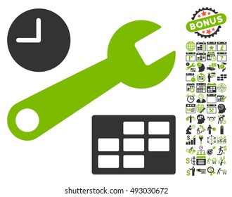 Date and Time Setup icon with bonus calendar and time management icon set. Vector illustration style is flat iconic bicolor symbols, eco green and gray colors, white background.