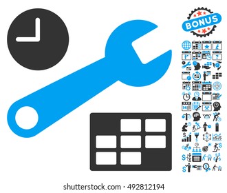 Date and Time Setup pictograph with bonus calendar and time management graphic icons. Vector illustration style is flat iconic bicolor symbols, blue and gray colors, white background.