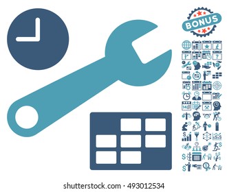 Date and Time Setup pictograph with bonus calendar and time management clip art. Vector illustration style is flat iconic bicolor symbols, cyan and blue colors, white background.