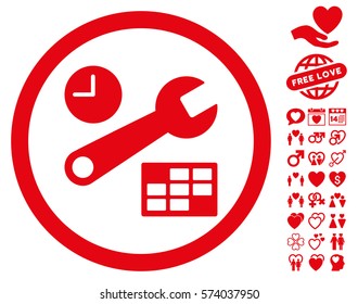 Date And Time Setup pictograph with bonus decoration pictograph collection. Vector illustration style is flat rounded iconic red symbols on white background.