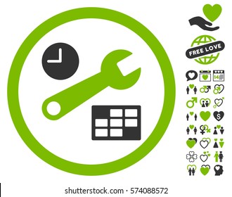 Date And Time Setup pictograph with bonus amour pictograms. Vector illustration style is flat rounded iconic eco green and gray symbols on white background.