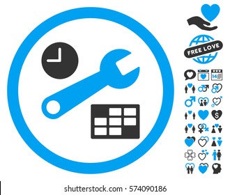 Date And Time Setup pictograph with bonus lovely pictograms. Vector illustration style is flat rounded iconic blue and gray symbols on white background.