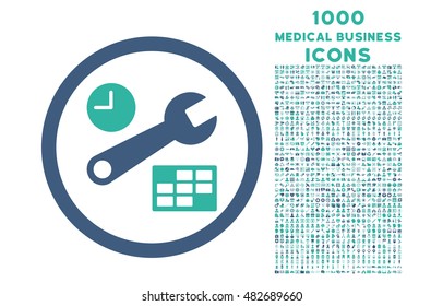 Date and Time Setup rounded vector bicolor icon with 1000 medical business icons. Set style is flat pictograms, cobalt and cyan colors, white background.